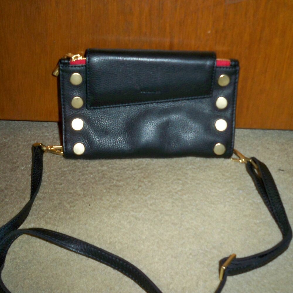 Hammitt Black Leather Crossbody Wallet with Gold Studs and Red Trim